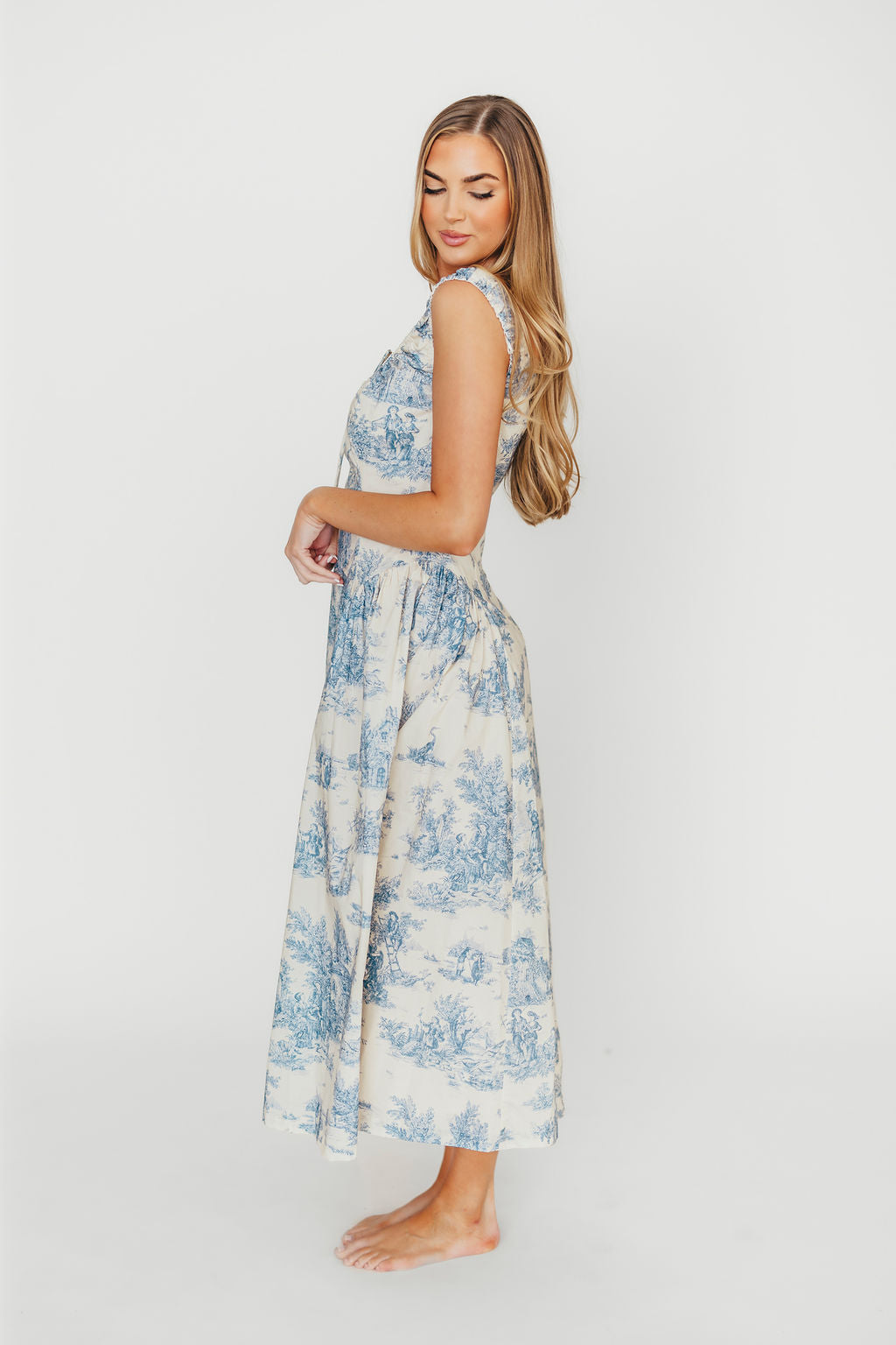 Skyla 100% Cotton Toile Midi Dress with Tie in Blue