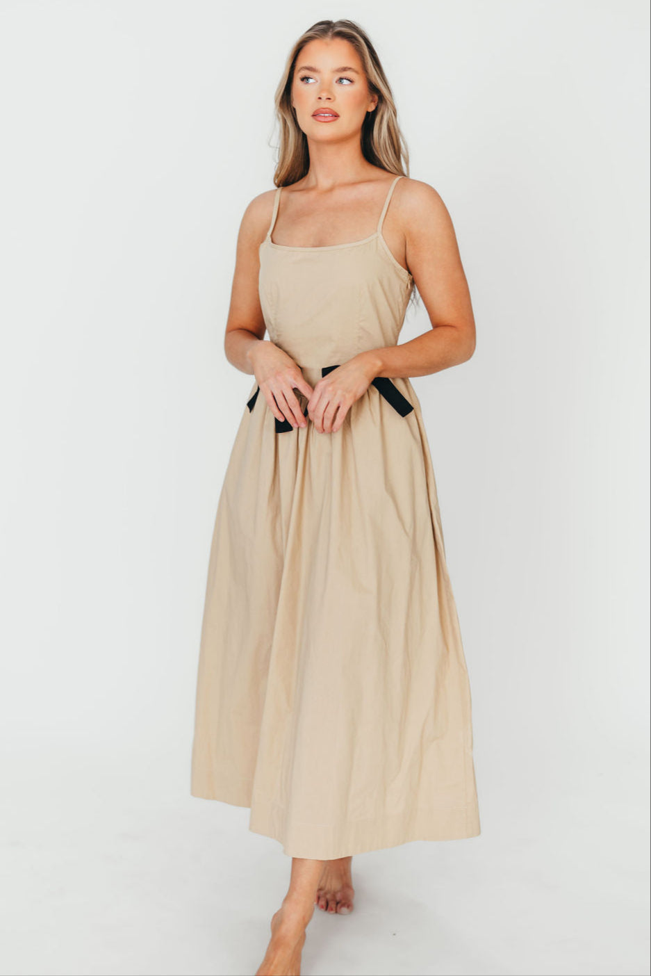 Celeste Square Neck Midi Dress with Bow Detail in Khaki *Final-Sale*
