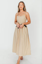 Celeste Square Neck Midi Dress with Bow Detail in Khaki *Final-Sale*