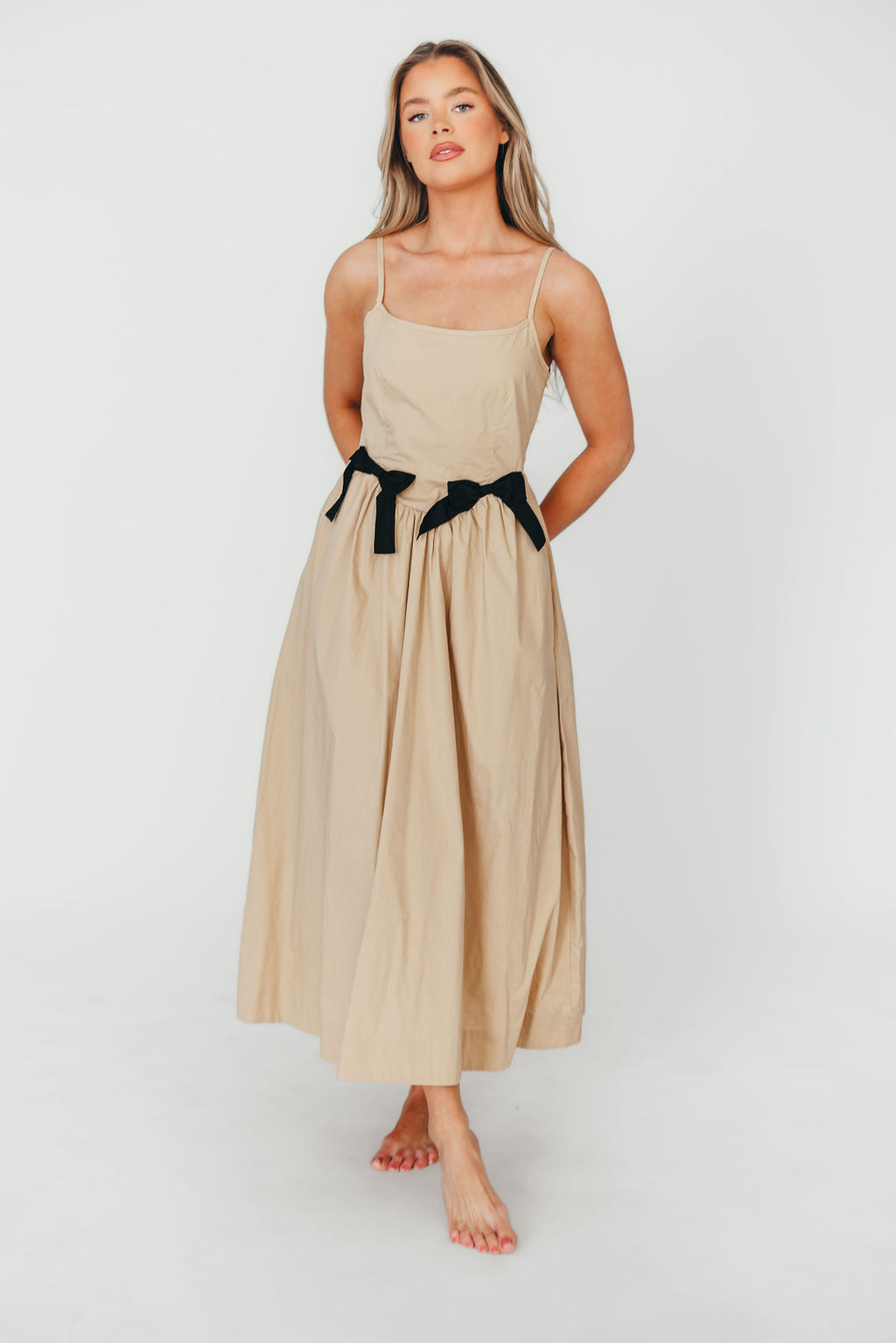 Celeste Square Neck Midi Dress with Bow Detail in Khaki *Final-Sale*