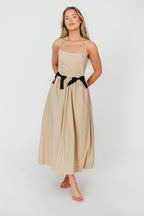 Celeste Square Neck Midi Dress with Bow Detail in Khaki *Final-Sale*