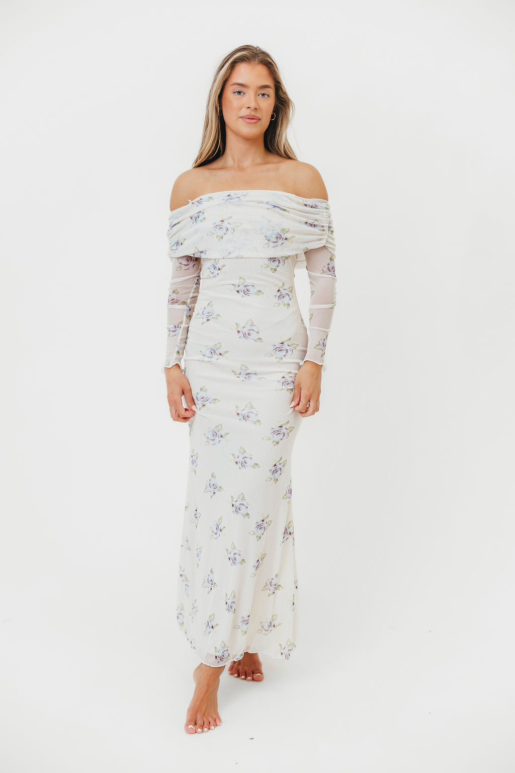 Chrishell Off Shoulder Maxi Dress in Cream