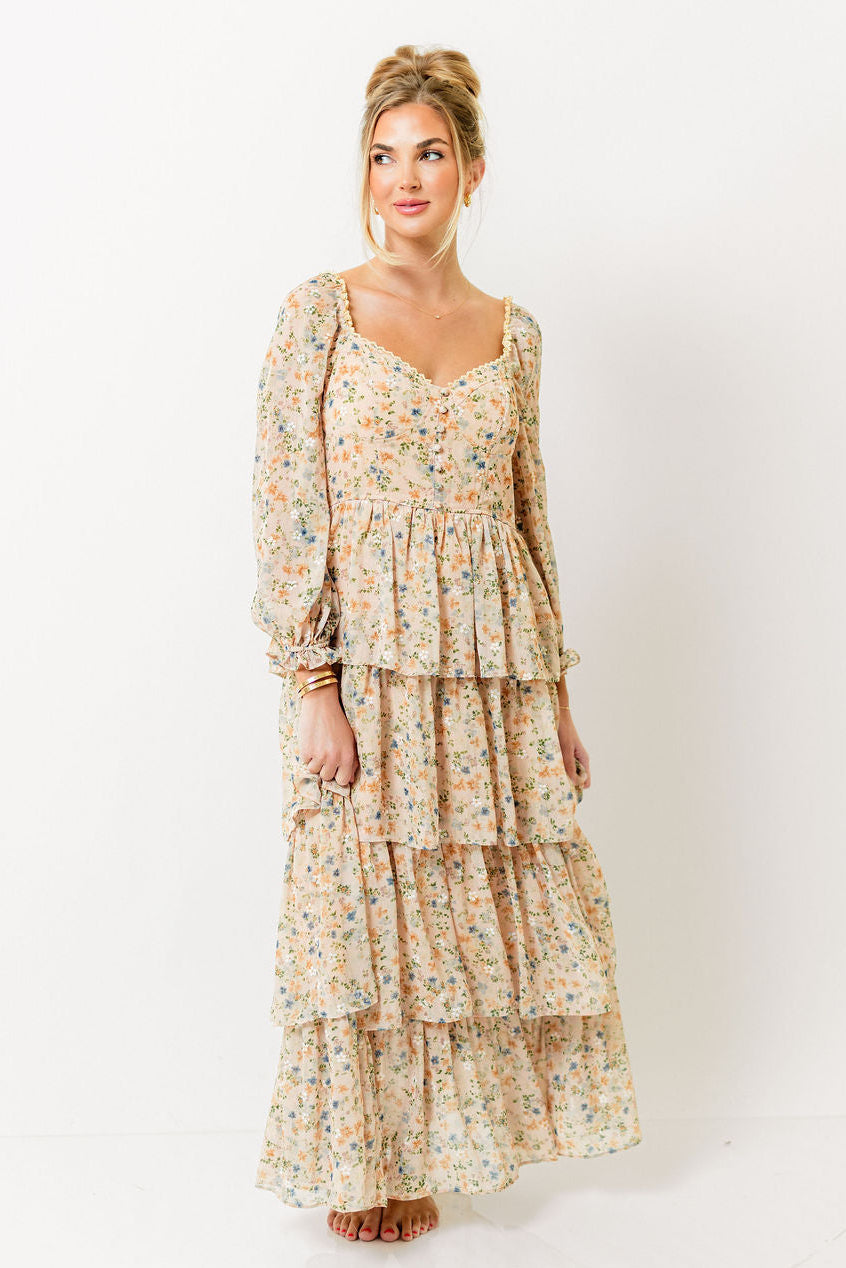 Shailene Tiered Floral Bustier Maxi Dress in Vintage Cream