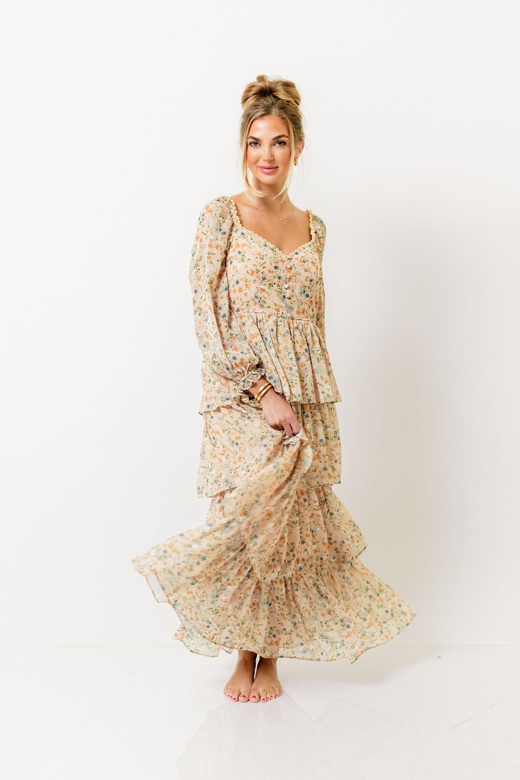 Shailene Tiered Floral Bustier Maxi Dress in Vintage Cream