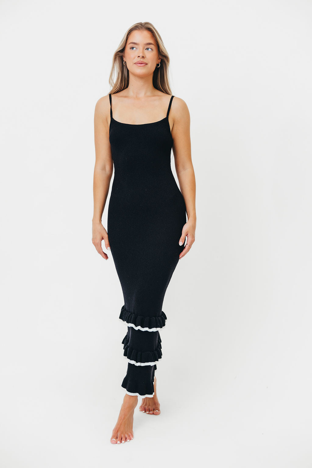 Vixen Striped Ruffle Hem Maxi Dress in Black/White