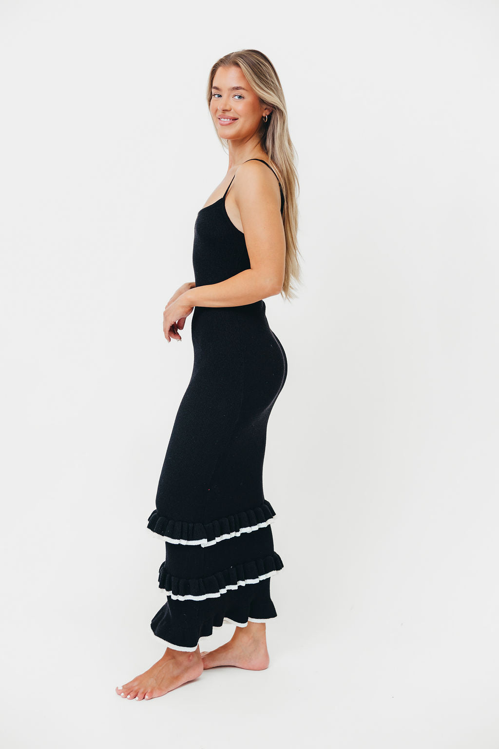 Vixen Striped Ruffle Hem Maxi Dress in Black/White
