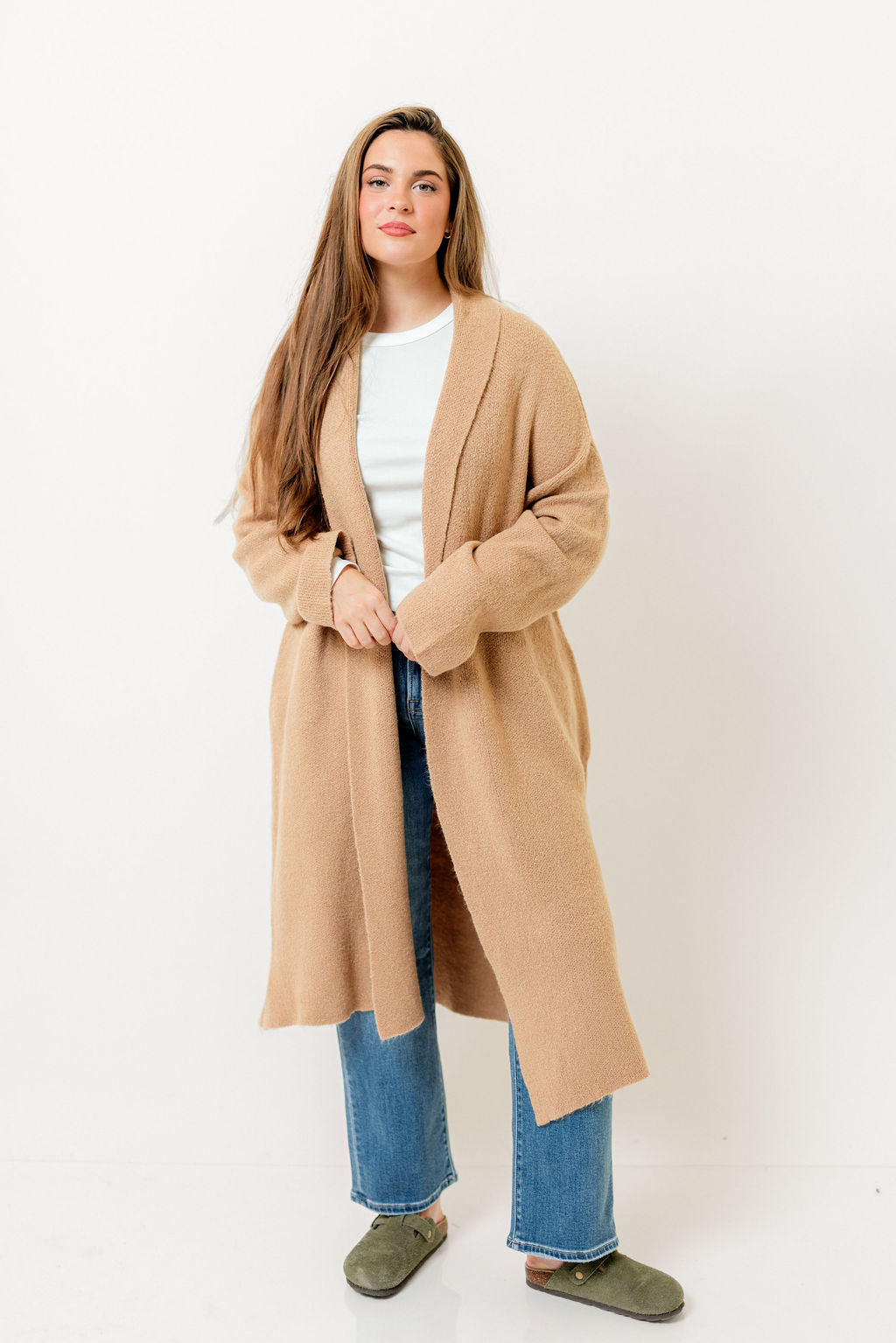 Misha Longline Open Front Duster Sweater in Dark Taupe