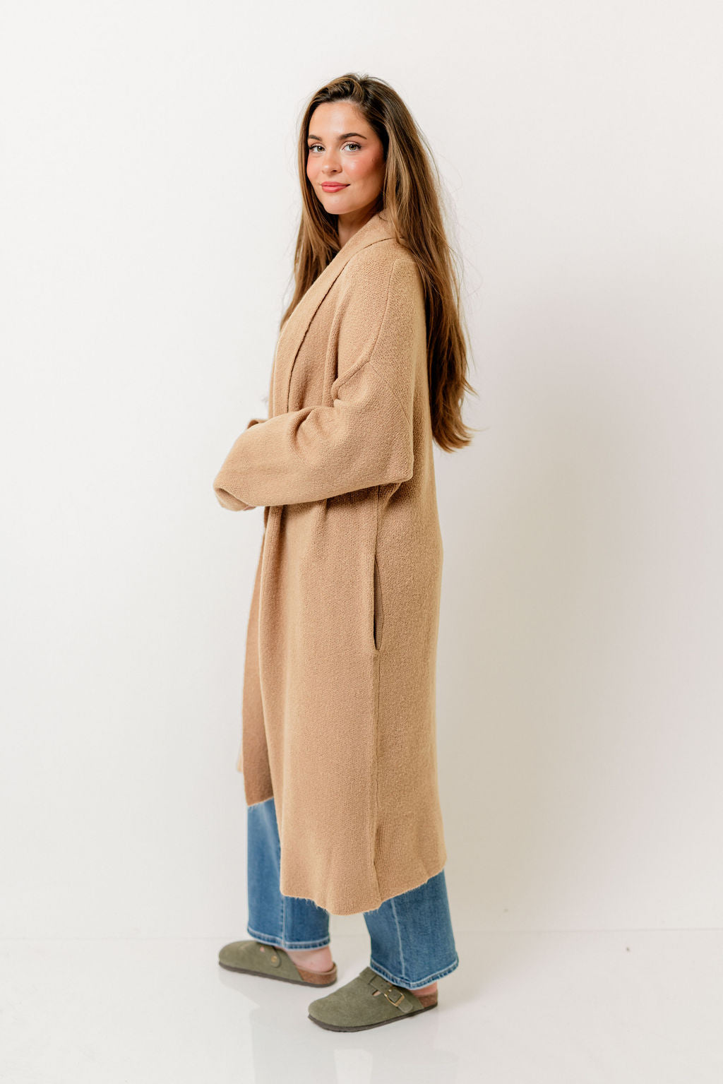 Misha Longline Open Front Duster Sweater in Dark Taupe