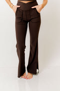 Mina Ribbed Crossover Waist Flared Leggings in Espresso