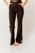 Mina Ribbed Crossover Waist Flared Leggings in Espresso