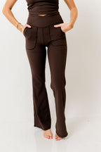 Mina Ribbed Crossover Waist Flared Leggings in Espresso