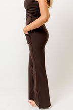 Mina Ribbed Crossover Waist Flared Leggings in Espresso