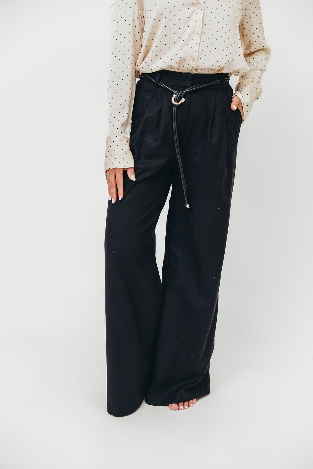 Raven Wide-Leg Tailored Trousers with Gold Accent Belt in Black *Final-Sale*