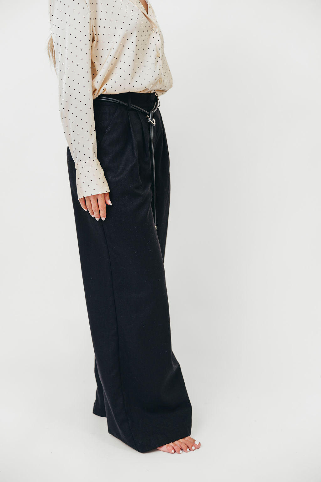 Raven Wide-Leg Tailored Trousers with Gold Accent Belt in Black *Final-Sale*
