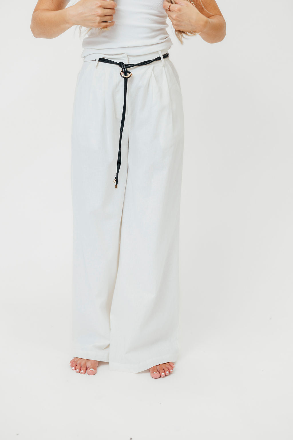 Raven Wide-Leg Tailored Trousers with Gold Accent Belt in White *Final-Sale*