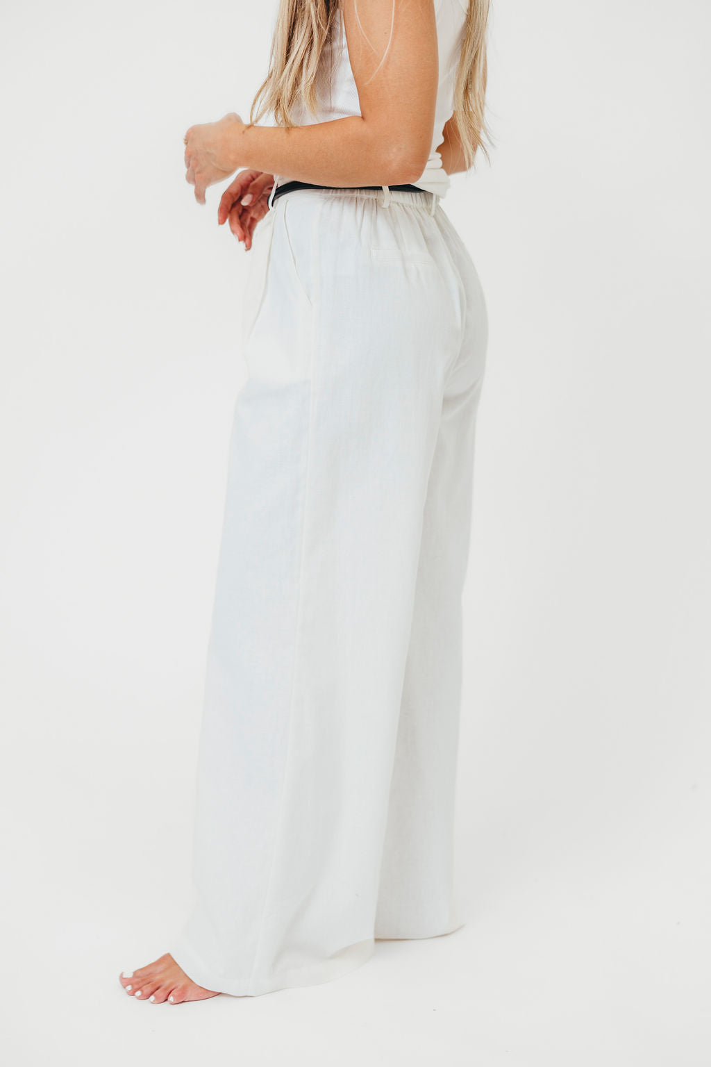 Raven Wide-Leg Tailored Trousers with Gold Accent Belt in White *Final-Sale*
