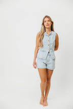 Jayne Button Down Sleeveless Vest and Paperbag Shorts Set in Light Denim *Final-Sale*