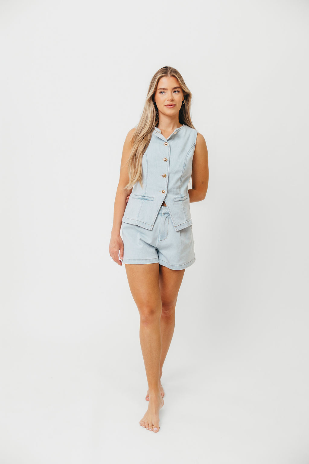 Jayne Button Down Sleeveless Vest and Paperbag Shorts Set in Light Denim *Final-Sale*