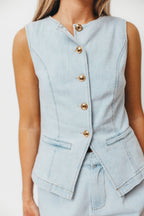 Jayne Button Down Sleeveless Vest and Paperbag Shorts Set in Light Denim *Final-Sale*