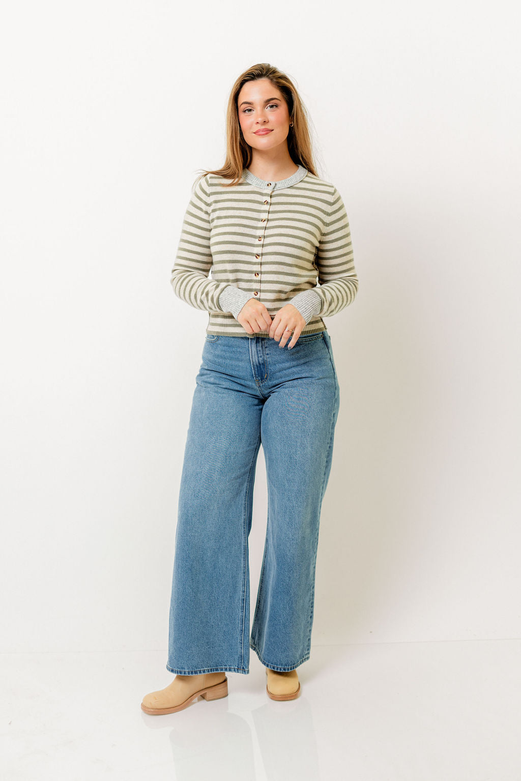 Rae Striped Cardigan Top in Olive/Oat/Grey