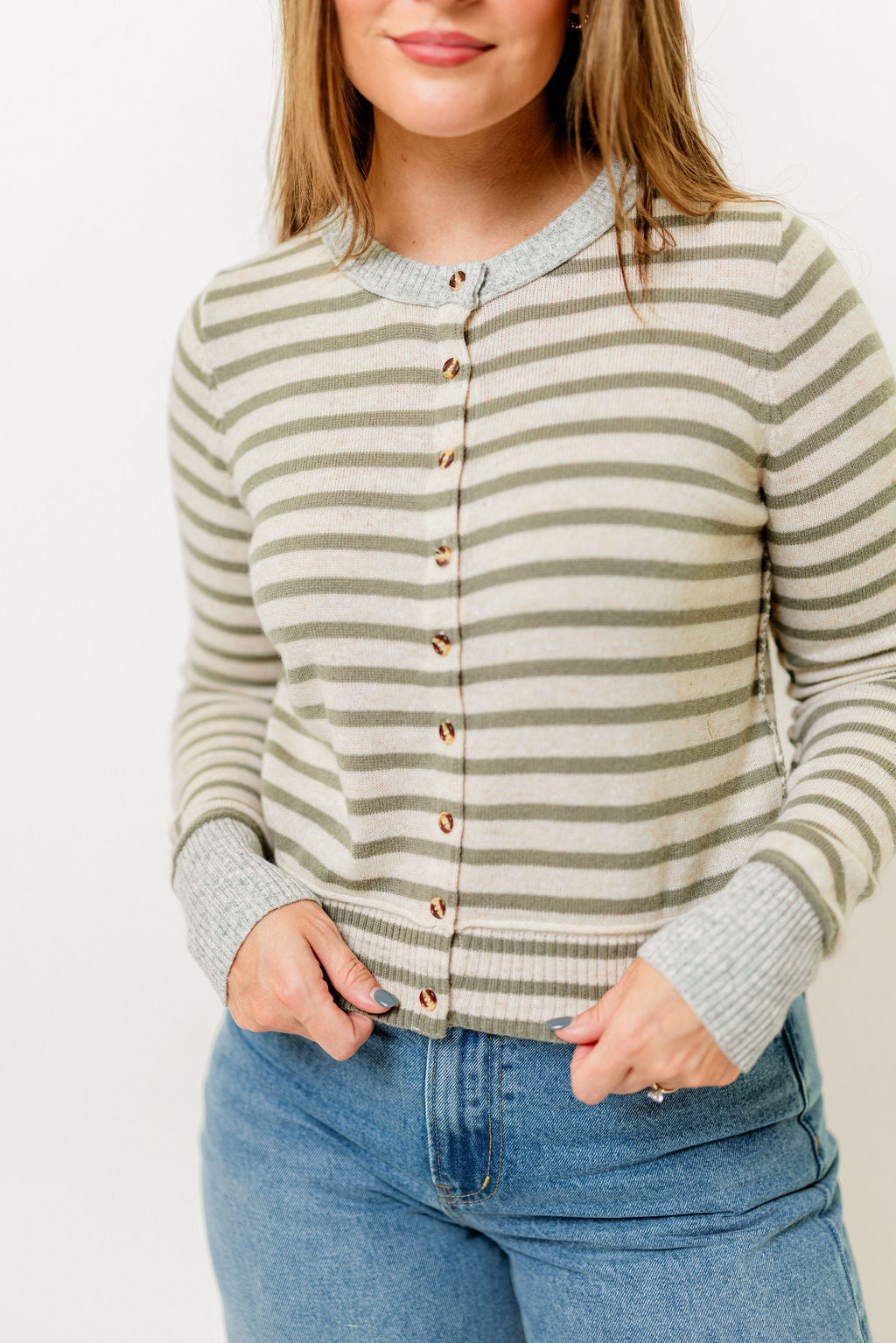 Rae Striped Cardigan Top in Olive/Oat/Grey