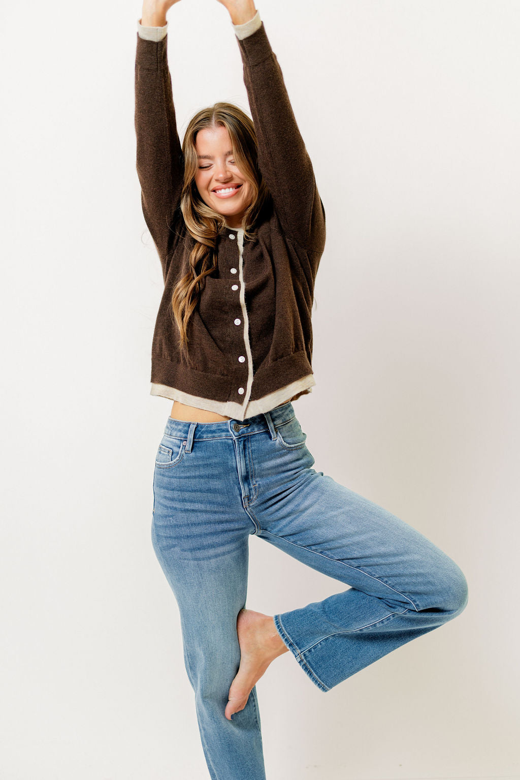 Portia Color Contrast Cardigan Top in Brown/Tan *Final Sale*