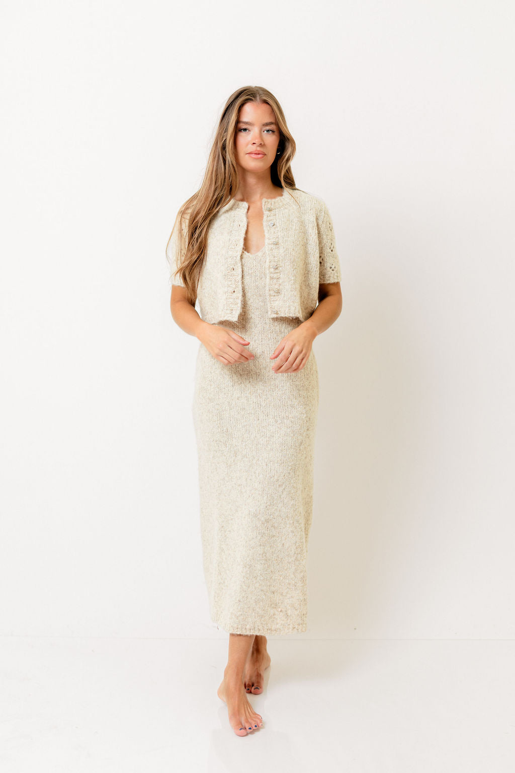 Meli Sweater Dress with Cropped Short Sleeve Cardigan in Oatmeal