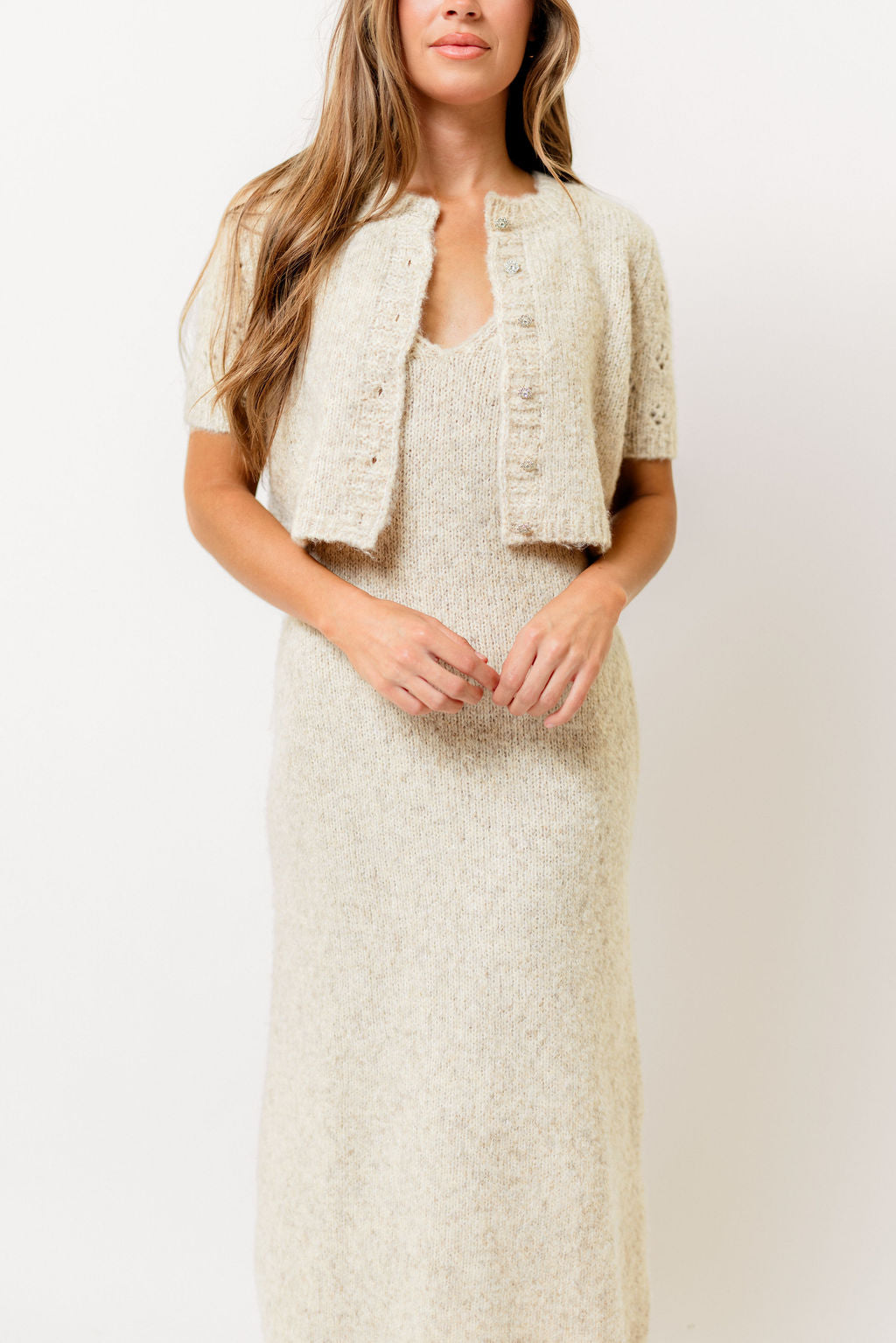 Meli Sweater Dress with Cropped Short Sleeve Cardigan in Oatmeal