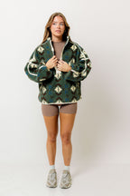 Silas Geometric Print Sherpa Fleece Half-Zip Pullover Jacket in Olive