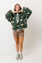Silas Geometric Print Sherpa Fleece Half-Zip Pullover Jacket in Olive