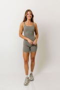 Jillian Spaghetti Strap Shortie Romper In Smoky Olive