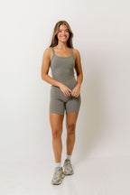Jillian Spaghetti Strap Shortie Romper In Smoky Olive
