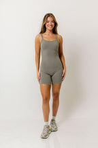 Jillian Spaghetti Strap Shortie Romper In Smoky Olive