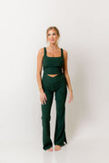 Mina Ribbed Crossover Waist Flared Leggings in Regency Green
