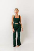 Mina Ribbed Crossover Waist Flared Leggings in Regency Green