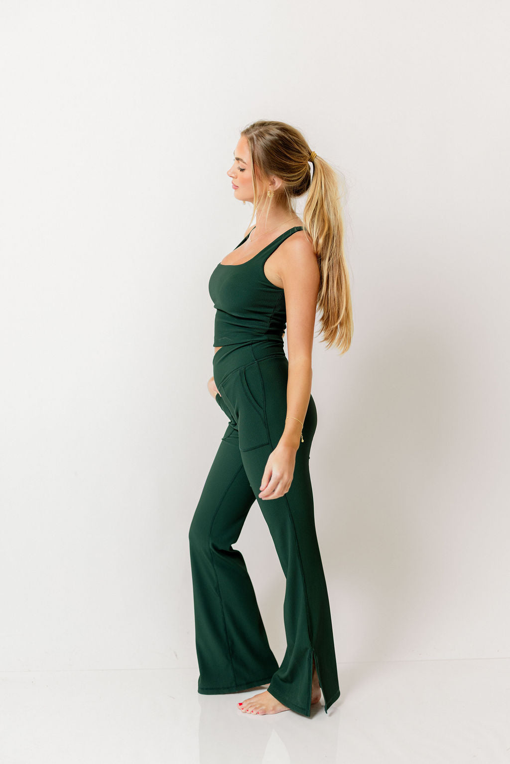 Mina Ribbed Crossover Waist Flared Leggings in Regency Green