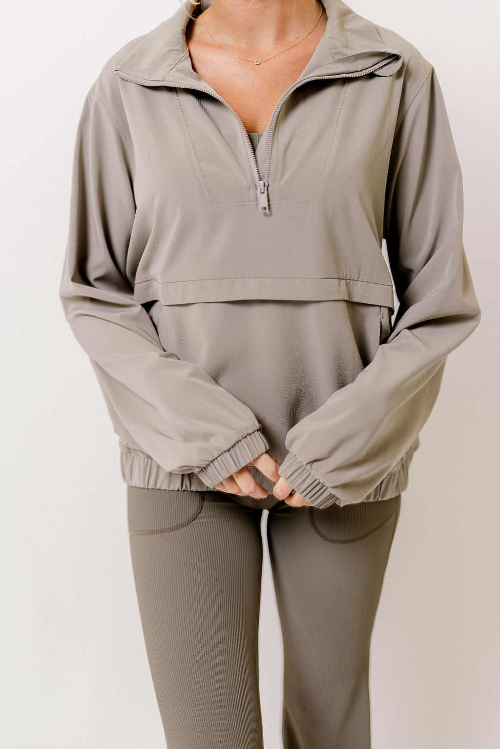 Atlas Crinkle Woven Quarter Zip Active Jacket in Stone Taupe