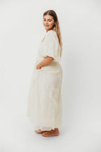 Aimee Smocked Embroidered Floral Midi Dress in Ivory