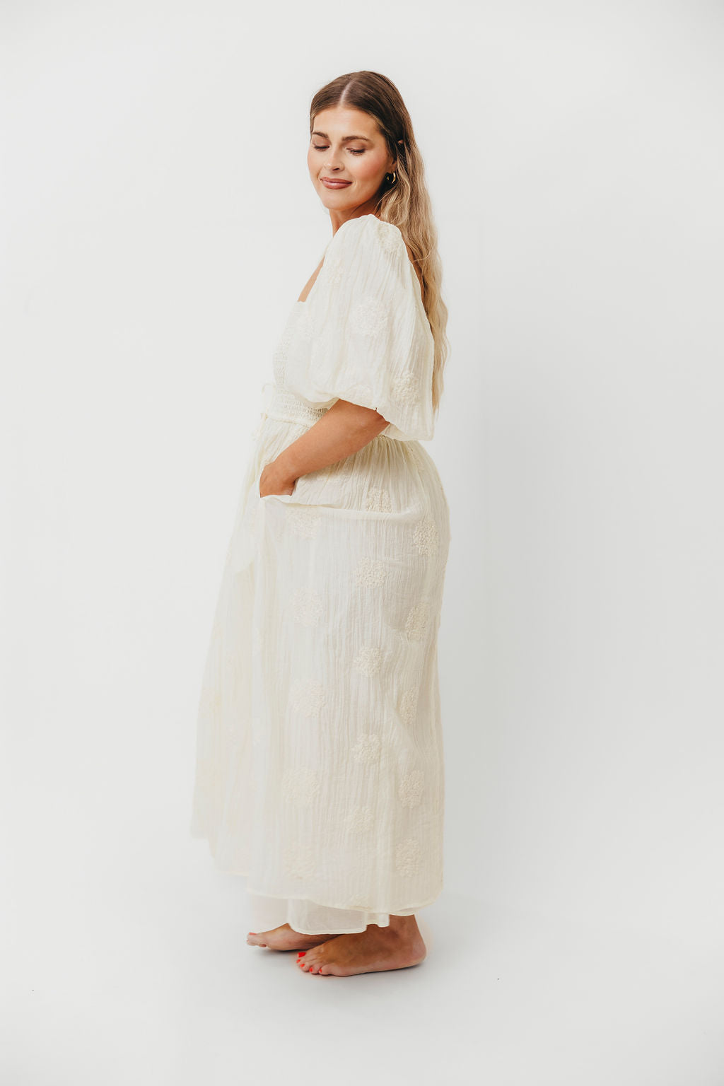 Aimee Smocked Embroidered Floral Midi Dress in Ivory