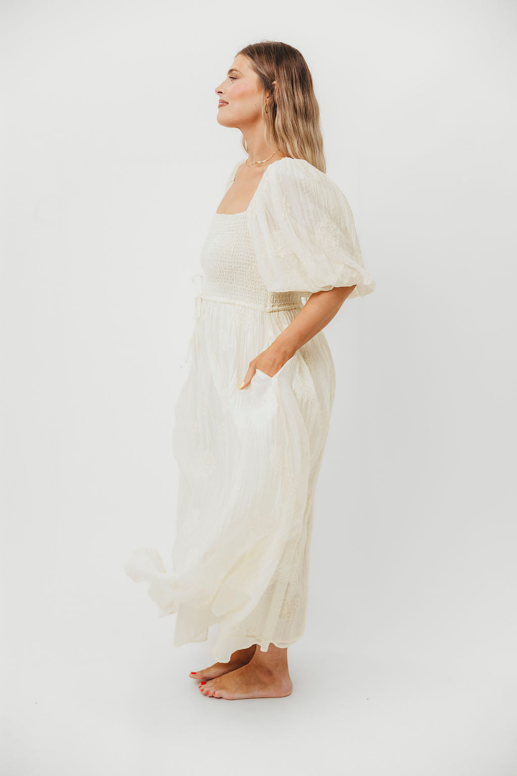 Aimee Smocked Embroidered Floral Midi Dress in Ivory