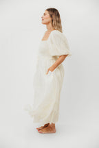 Aimee Smocked Embroidered Floral Midi Dress in Ivory