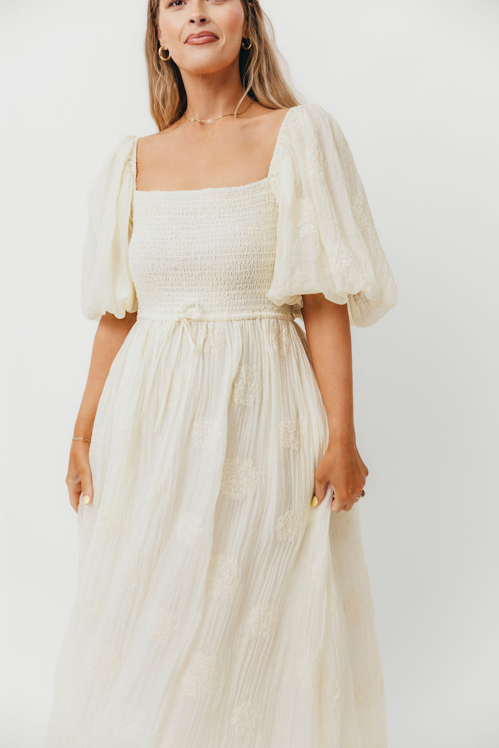 Aimee Smocked Embroidered Floral Midi Dress in Ivory