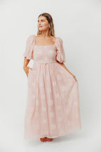 Aimee Smocked Embroidered Floral Midi Dress in Blush