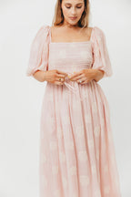 Aimee Smocked Embroidered Floral Midi Dress in Blush