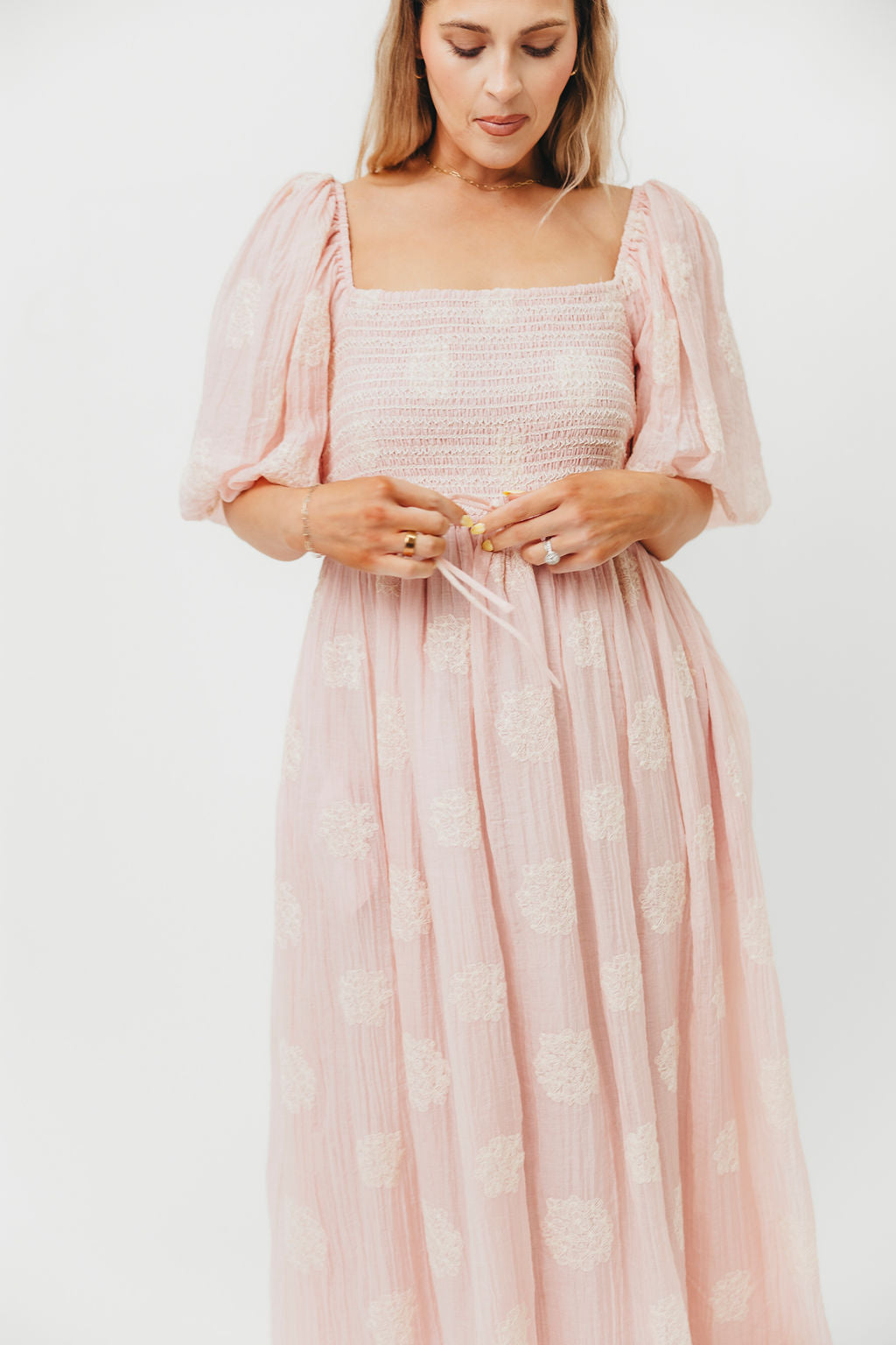 Aimee Smocked Embroidered Floral Midi Dress in Blush