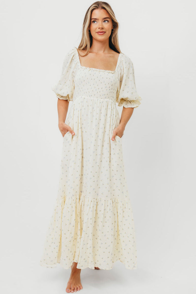 Livvy 100% Cotton Maxi Dress in Petite Blue Floral -Bump Friendly & Inclusive Sizing