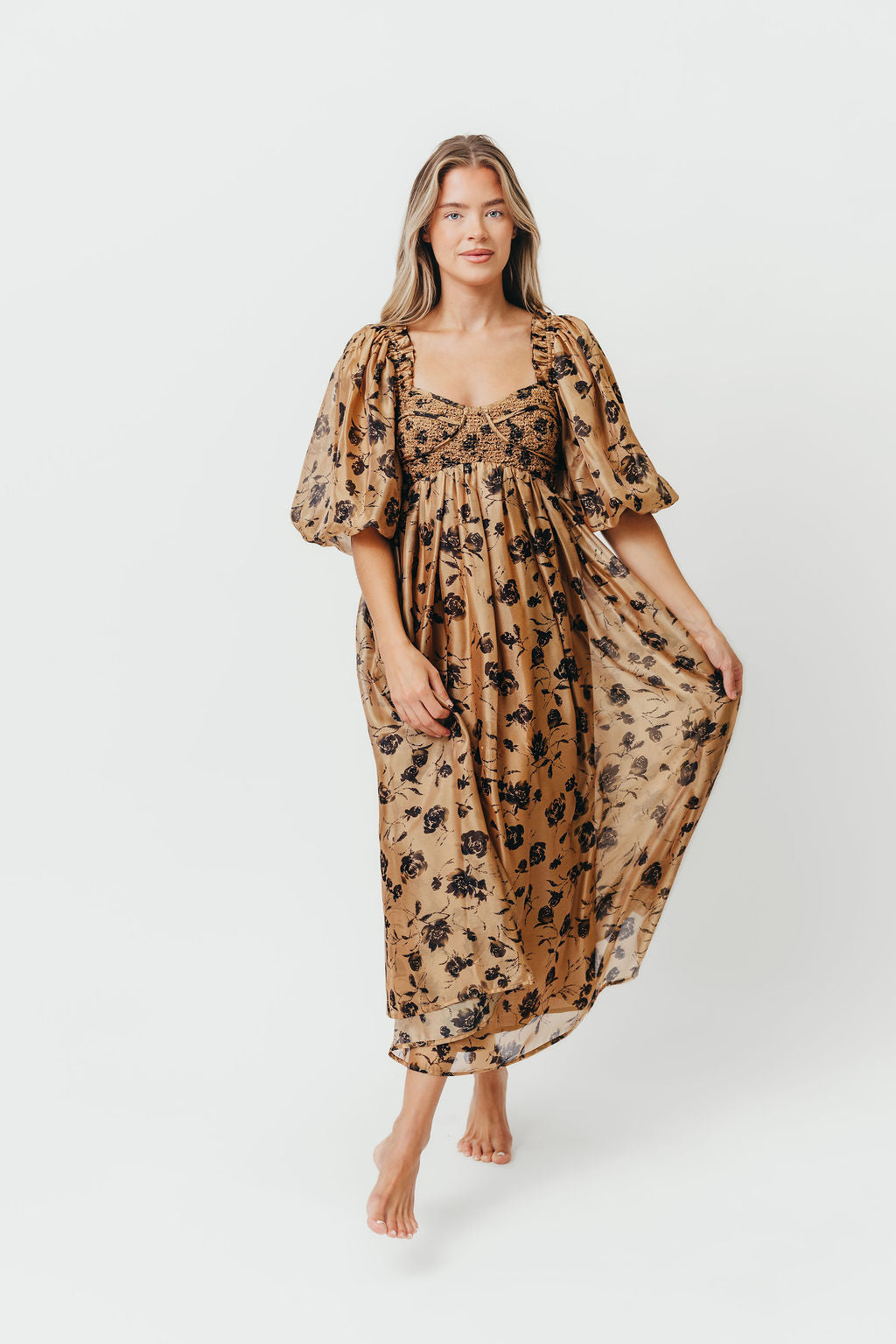 Harlow Camel & Black Floral Maxi Dress with Stretchy Neckline - Bump Friendly (Final Few) *Final Sale*