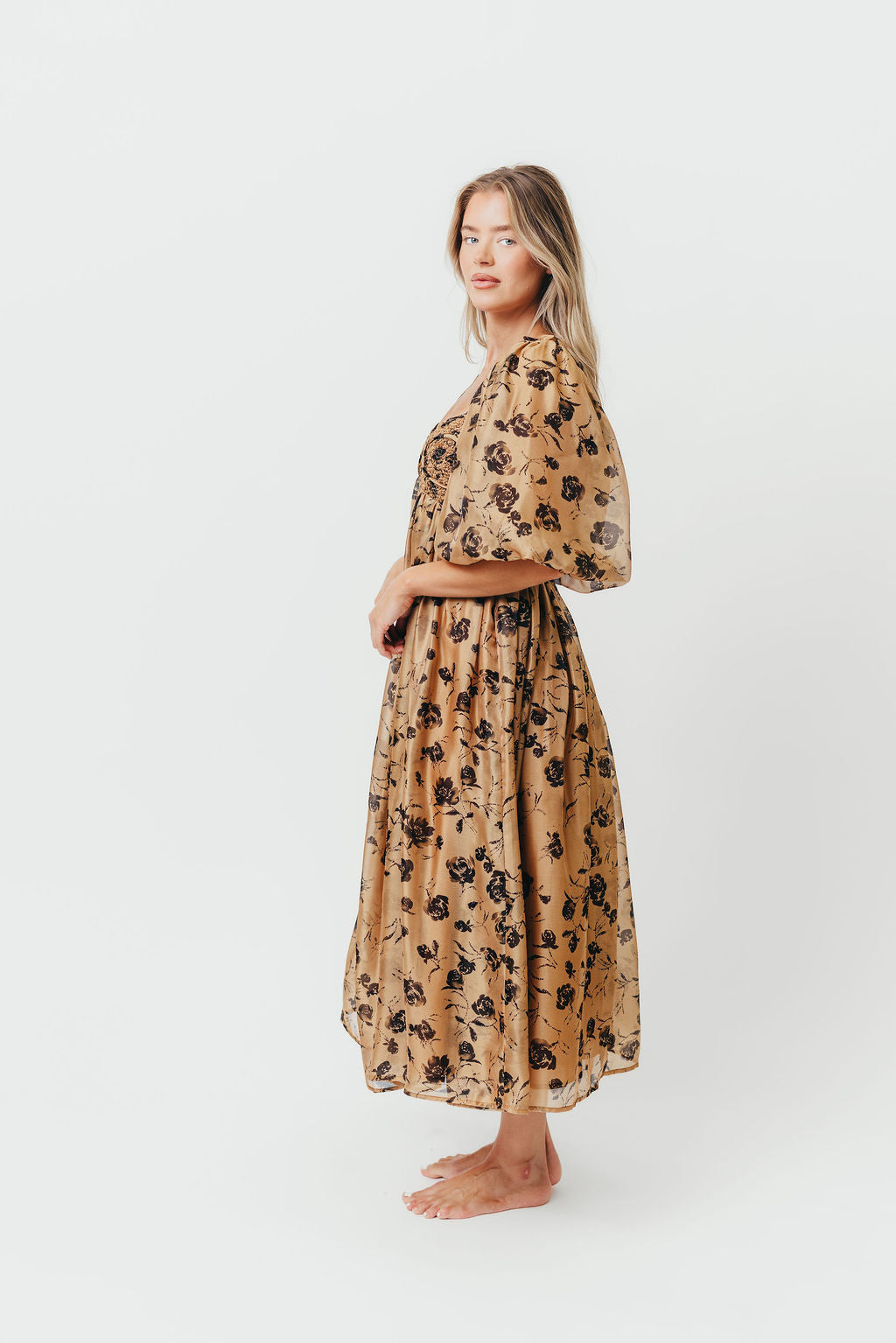 Harlow Camel & Black Floral Maxi Dress with Stretchy Neckline - Bump Friendly (Final Few) *Final Sale*