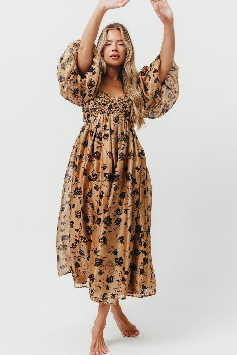 Harlow Camel & Black Floral Maxi Dress with Stretchy Neckline - Bump Friendly (Final Few) *Final Sale*