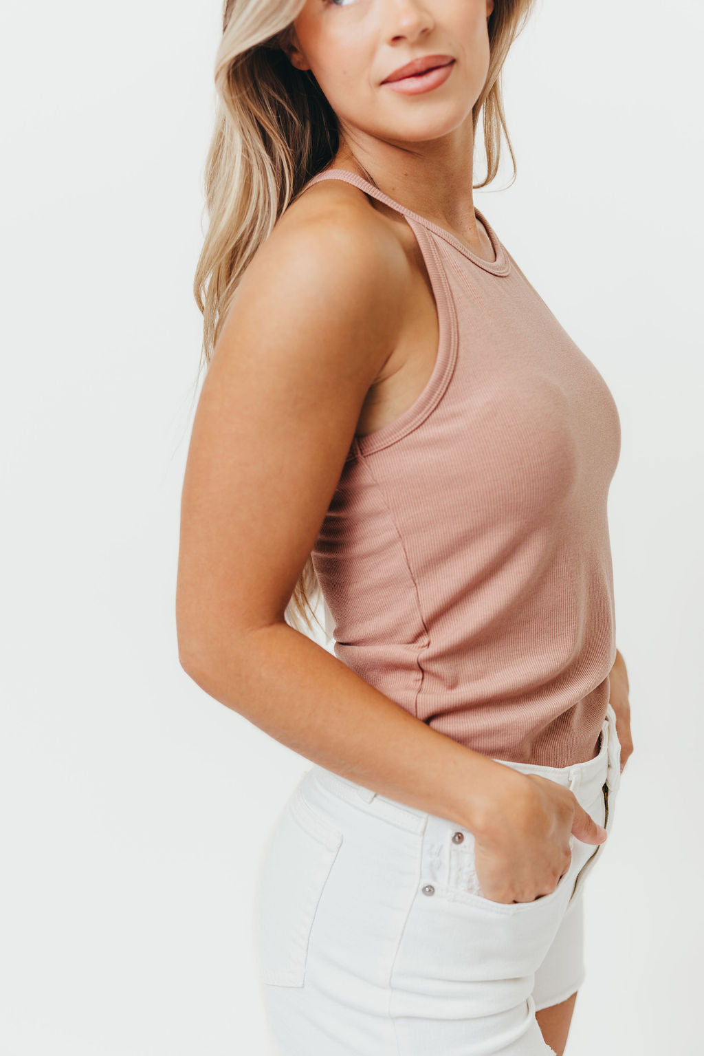 Kenni Ribbed Knit Fitted Tank Top with Rounded Hem in Ginger *Final-Sale*